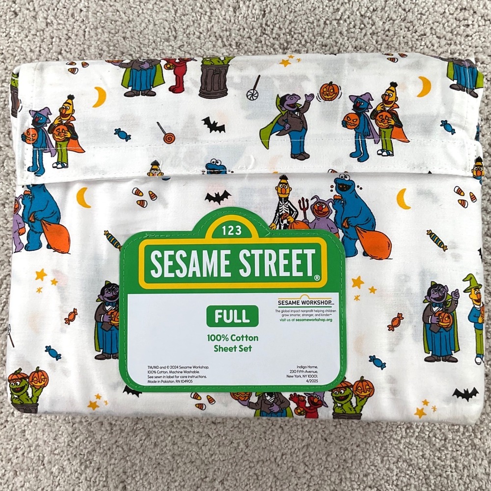 Sesame Street Halloween Full Sheet Set 100% Cotton 4pc Elmo Cookie Monster New